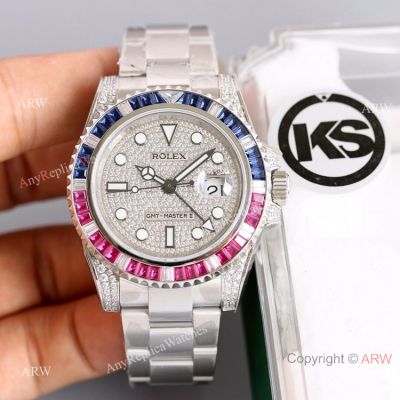 Swiss Grade 1 Replica Rolex GMT Master II Stainless Steel Iced Out Watch